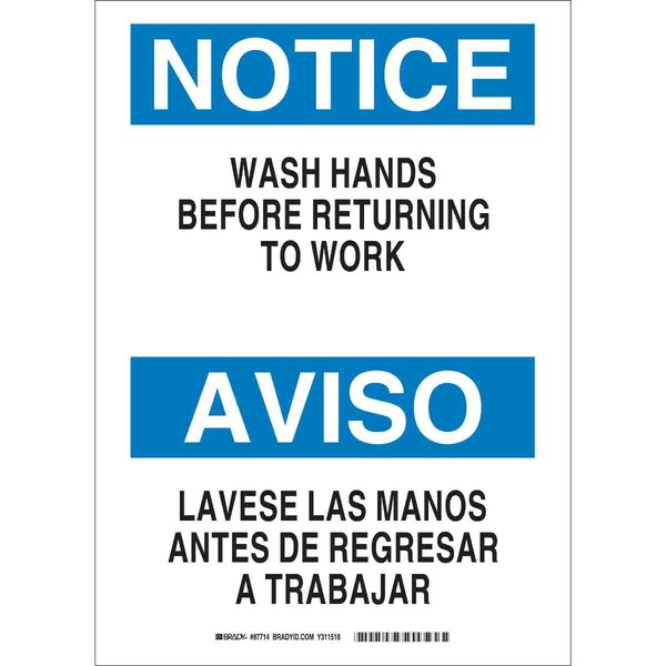 Brady Notice/Aviso, Wash Hands Before Returning To Work/Lavese Las Man, 10 in x 14 in, Fiberglass, 87714 87714 - main